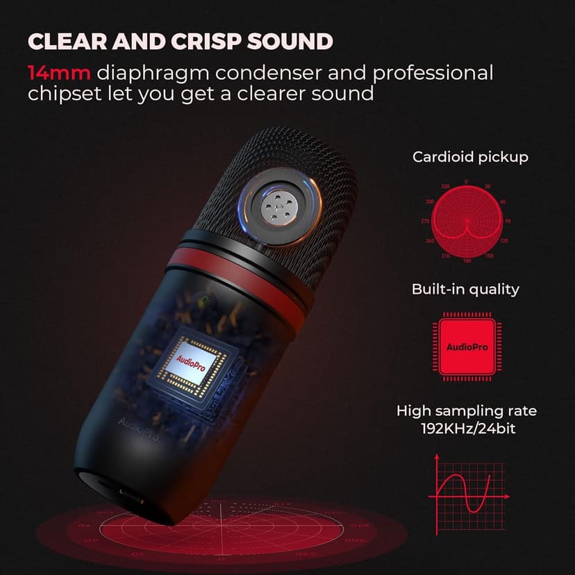 USB Microphone, Computer Condenser Gaming Mic for PC/Laptop/PS4/5, Headphone Output, Volume Control, USB Type C Plug and Play, LED Mute Button, for Streaming, Podcast, Studio Recording