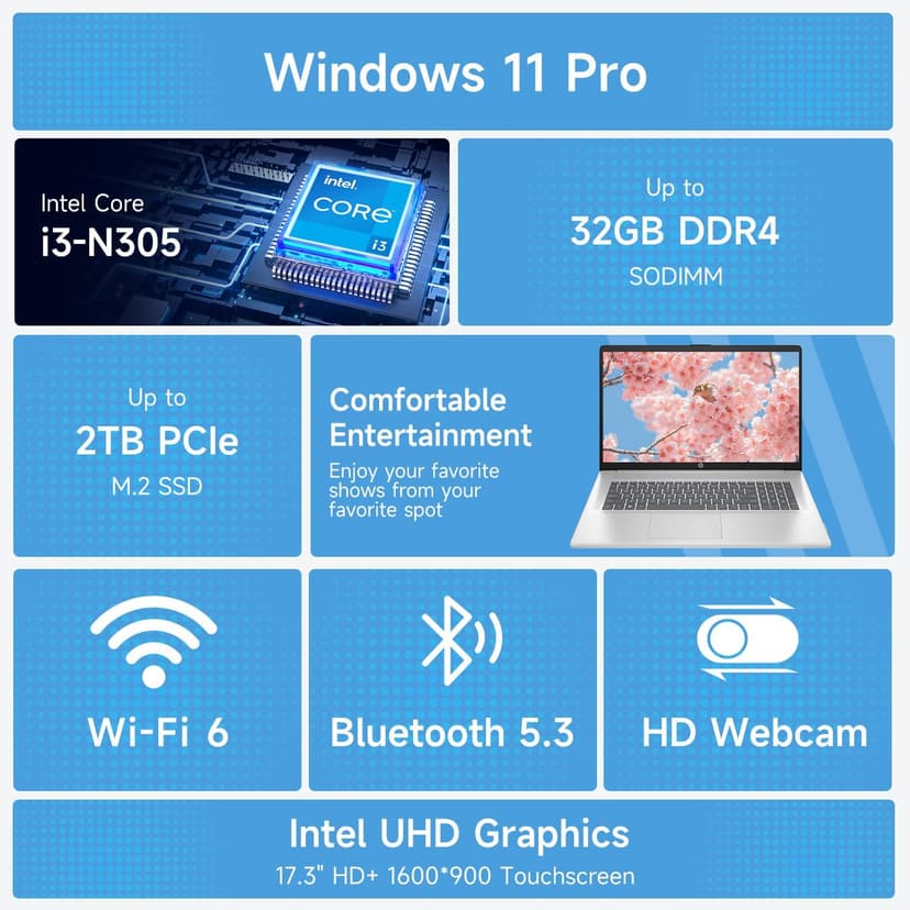 HP High-Performance 17.3" Laptop, 17.3" HD+ Touchscreen, 8-Cores Intel i3-N305, 32GB RAM, 128GB eMMC + 1TB PCIe SSD, Webcam, HDMI, Numeric Keypad, Wi-Fi 6, Windows 11 Pro, Silver