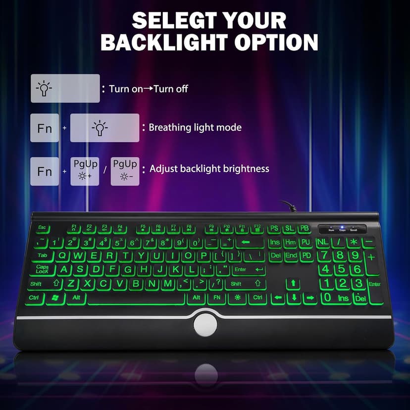 Large Print Backlit Computer Keyboard, 7-Color Backlit Keyboard with Wrist Rest, USB Plug-and-Play, Oversize Letters Keys Easy to See and Type, Wired Light Up Keyboards for Laptop, PC, Gaming