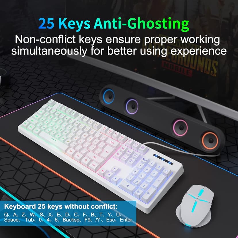 HUO JI White Gaming Keyboard USB Wired with Rainbow LED Backlit, Floating Keys, Mechanical Feeling, Spill Resistant, Ergonomic for Xbox, PS Series, Desktop, Computer, PC