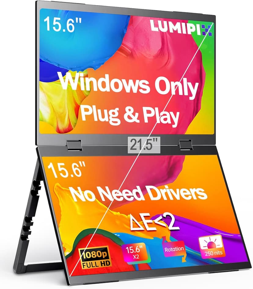 Portable Monitor 15.6" Foldable Dual Screen | Plug & Play for PC/Android/Switch/Xbox/PS5 | FHD 1080P HDR Foldable Travel Display with HDMI/USB-C | Ideal for Gaming, Office & Outdoor