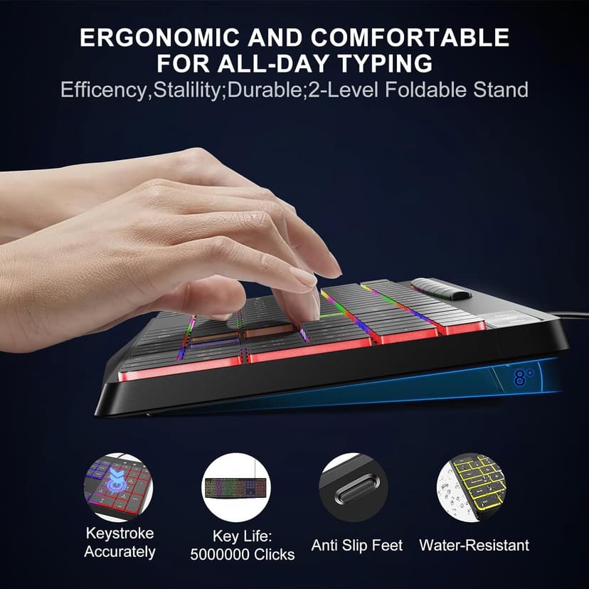 Computer Keyboard Wired,7-Color Rainbow LED Backlit, Quiet Light Up Keyboard with Multimedia Keys,Low Profile Chiclet Keys,Large Number Pad,Spill-Resistant, Anti-Wear Letters for Windows Mac PC Laptop