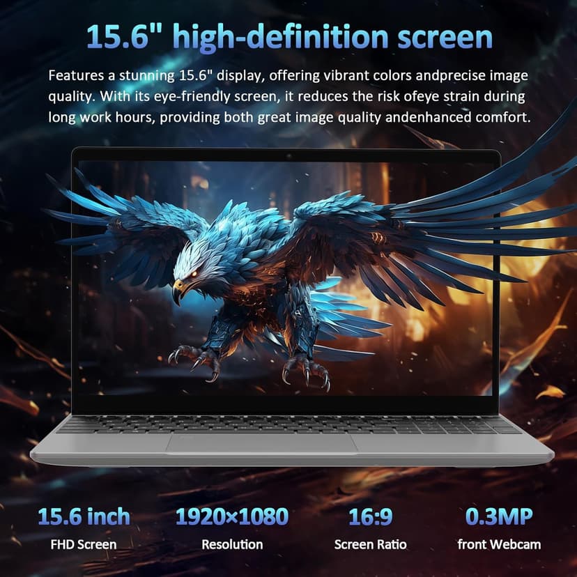 15.6" Laptop Computer, 16GB RAM, 1TB NVMe, 4C4T N95 1.7-3.4GHz, FHD Display, Backlit Keyboard, Fingerprint Reader, Big 8000mAh Battery, Win11 Pro, Upgradable to 10TB Storage, Silver, T152A
