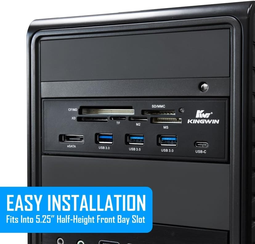 Kingwin Powered USB Hub 3.0 w/ 1 USB-C Port, SD Card Reader & Micro SD Card Reader - Sata Power Port w/Lightning Speed Data Transfer Up to 5Gbps - 5.25" Computer Case Front Bay, black (KW525-3U3CR)