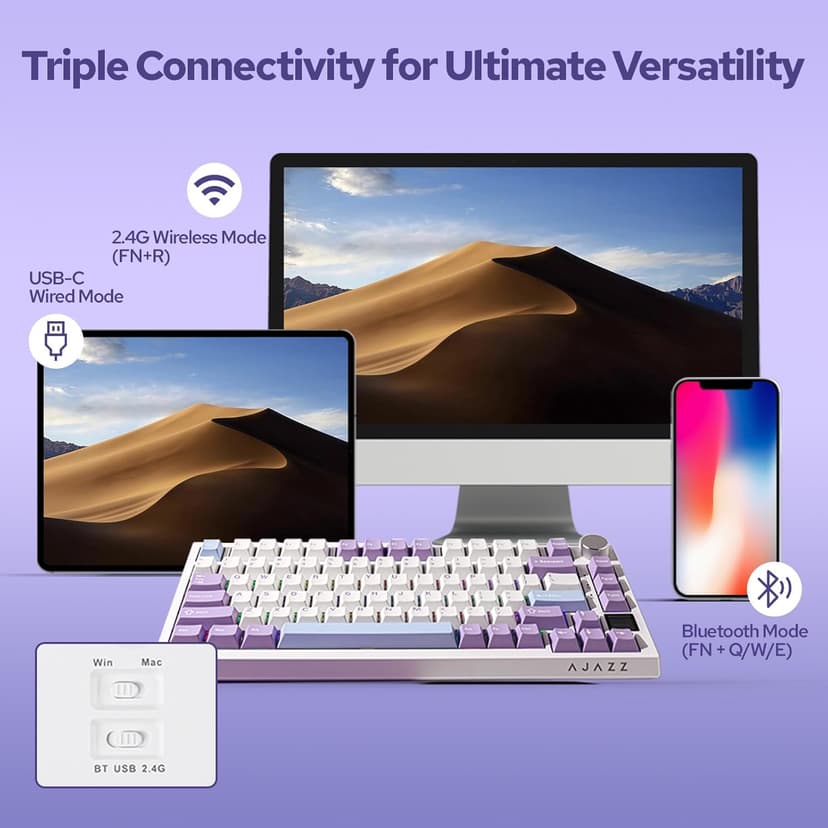 EPOMAKER Ajazz AK820 Pro 75% Wireless Mechanical Keyboard with TFT Smart Display&Knob, Gasket-Mounted Gaming Keyboard, Bluetooth/2.4GHz/USB-C Wired (Purple, Gift Switch)