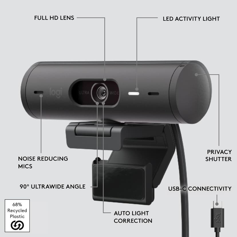 Logitech Brio 501 Full HD Webcam with Auto Light Correction,Show Mode, Dual Noise Reduction Mics, Privacy Cover, Works with Microsoft Teams, Google Meet, Zoom, USB-C Cable - Black