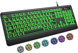Large Print Keyboard - 7 Interchangeable Backlight Colors, Light Up USB Wired Computer Keyboards, USB Plug-and-Play, Foldable Stands, Corded Full Size Keyboard for Windows, PC, Laptop