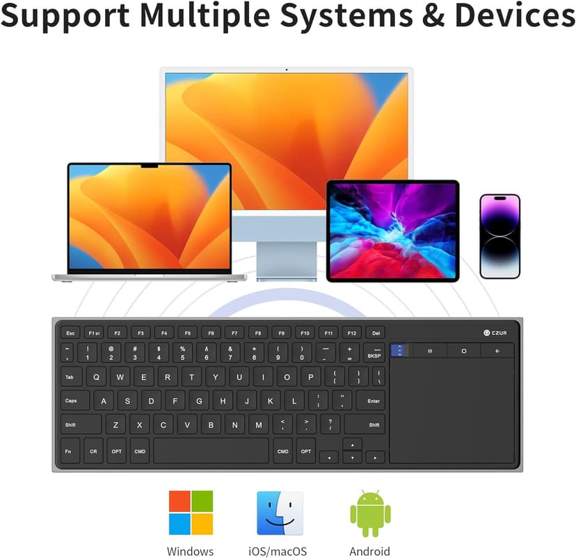 CZUR Rechargeable Bluetooth Keyboard with Touchpad, Portable Computer Keyboard with Trackpad, Wireless Ultra Slim Keyboard for PC/Laptop/Tablet/Phone