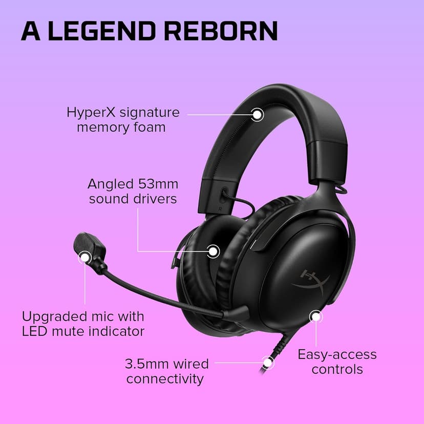 HyperX Cloud III – Wired Gaming Headset, PC, PS5, Xbox Series X|S, Angled 53mm Drivers, DTS Spatial Audio, Memory Foam, Durable Frame, Ultra-Clear 10mm Mic, USB-C, USB-A, 3.5mm – Black