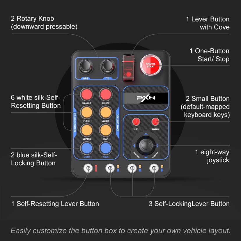 PXN Farm Simulation Controller - CB1 Sim Racing Button Box for Sim Wheel and Racing Wheel, with Adjustable Clamp and Spinner Knob, APP, for American Truck and Farm Simulation Gaming for PC Only