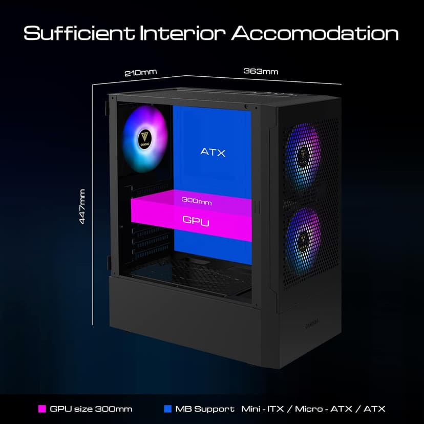 GAMDIAS Gaming ATX Mid Tower PC Computer Case with Tempered Glass, 3 Built-in 120mm ARGB Desktop Case Fans, Support Up to 360mm AIO/Radiator, 5x 120mm Fans, 300mm GPU/VGA, 150mm PSU & 160mm CPU Cooler