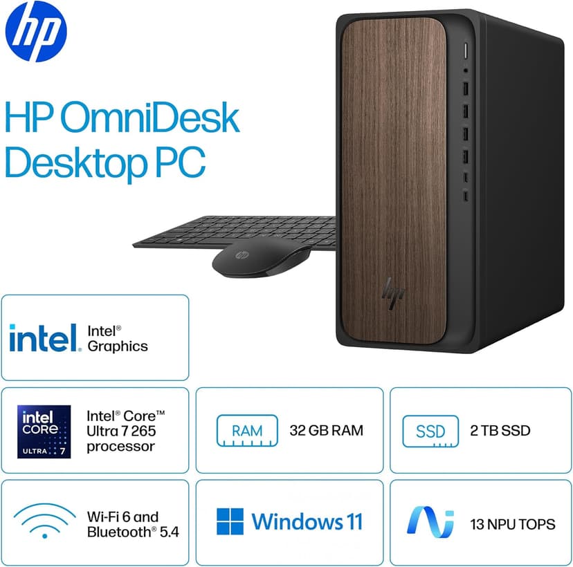 HP OmniDesk Desktop PC, Intel Core Ultra 7 265, 32 GB RAM, 2 TB SSD, Intel Graphics, Windows 11 Home, Microsoft Copilot, Dark Wood, M03-0060 (2025)