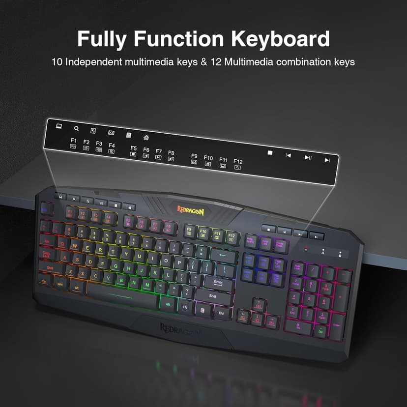 Redragon K503 Wireless Gaming Keyboard, RGB LED Backlit, Multimedia Keys, Silent Membrane Keyboard with Wrist Rest for Windows PC Games (Black)