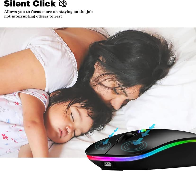 Wireless Bluetooth Mouse Rechargeable Laptop Mice with LED Lights Silent Slim Use(BT5.2 and 2.4G Portable USB) Dual Mode Computer Mouse for Laptop/iPad/Tablet/Apple/Computer/Mac (Black)