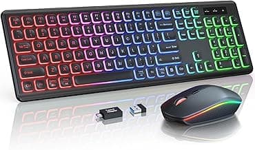 Wireless Keyboard and Mouse Combo - RGB Backlit, Rechargeable & Light Up Letters, Full-Size, Ergonomic Tilt Angle, Sleep Mode, 2.4GHz Quiet Keyboard Mouse for Mac, Windows, Laptop, PC