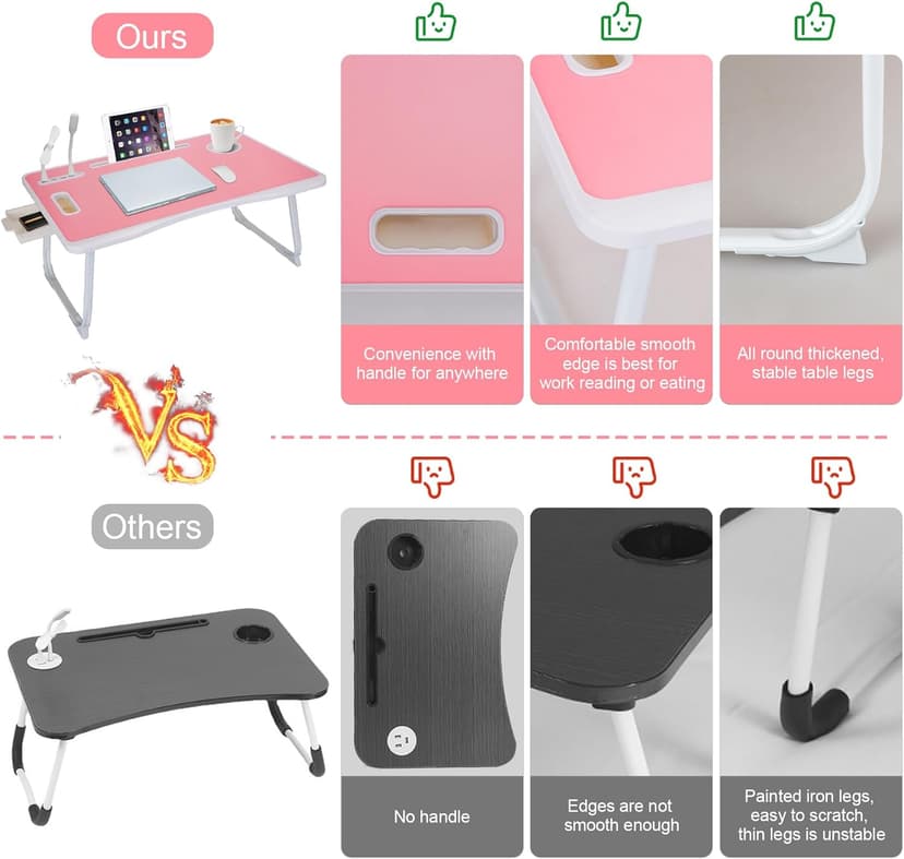 Laptop Bed Table, Laptop Desk for Bed, Foldable Laptop Bed Desk with USB Charge Port, Handle, Desktop Card Slot, Cup Slot, Side Drawer, Portable Laptop Table for Eating Reading Working