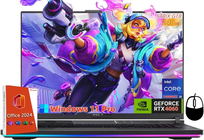 ASUS ROG Strix G18 Gaming Laptop, with Office 2024 Lifetime License, i9-14900HX(24-core), GeForce RTX 4060, 18" 240Hz WQXGA Display, 64GB DDR5, 4TB SSD, RGB Backlit KB, Windows 11 Pro,w/Accessories