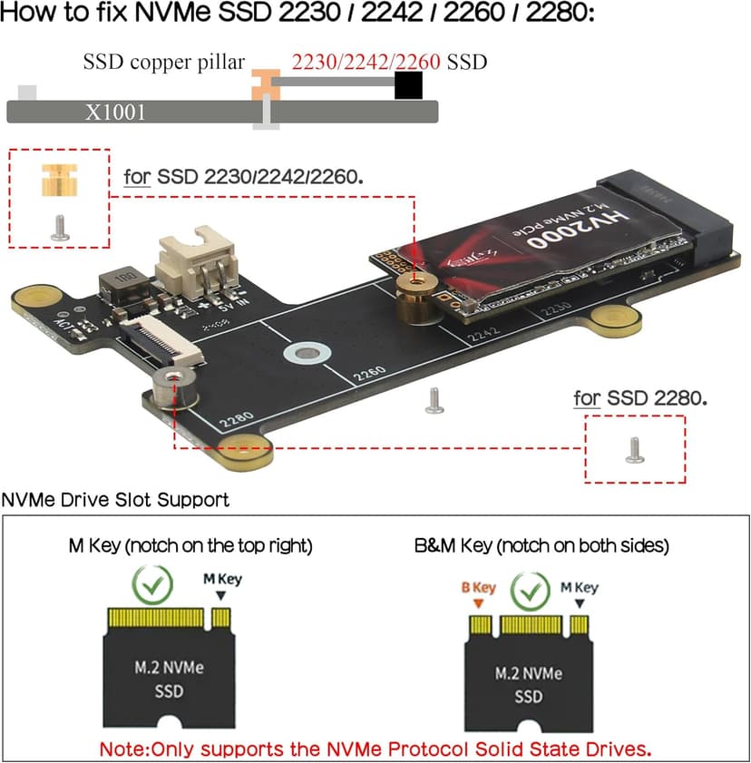 Geekworm X1001 PCIe to M.2 HAT Key-M NVMe SSD PIP PCIe Peripheral Board for Raspberry Pi 5 Support M.2 2230/2242/2260/2280 SSD