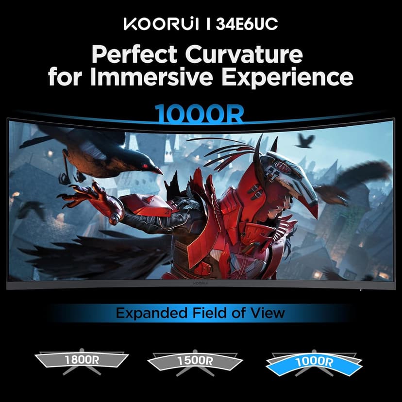 KOORUI 34-inch Curved Ultrawide WQHD 3440×1440 Gaming Monitor, 165Hz 1000R- PIP/PBP, 1ms(MPRT), HDR400, DCI-P3 95%, FreeSync Premium, 1 x DP 1.4 & 2 x HDMI 2.0, Tilt Height Swivel Adjustment, 34E6UC