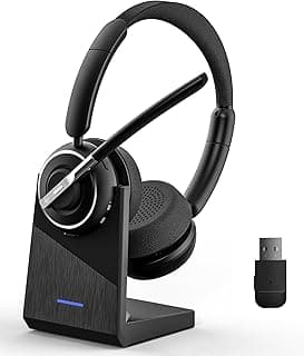Wireless Headset, Bluetooth Headset with AI Noise Cancelling Mic, Bluetooth V5.2 Headphones with USB Dongle, Charging Base & Mic Mute for PC/Cell Phones/Call Center (Binaural, Black)