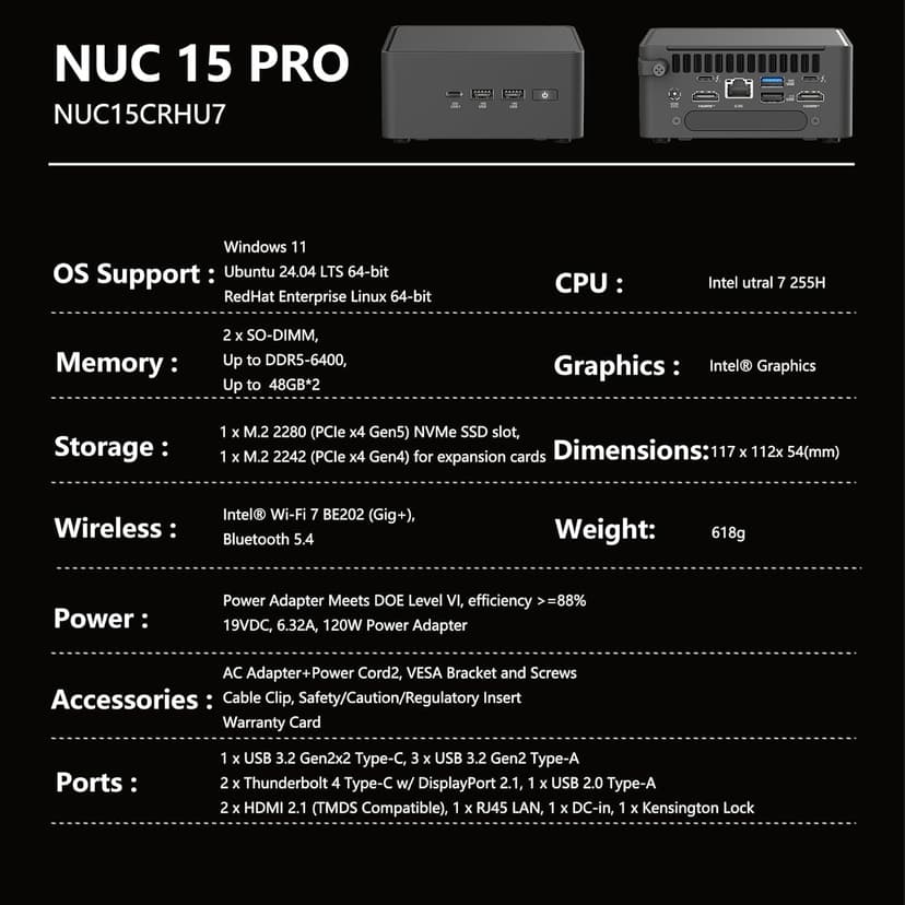 NUC 15 Pro Ultra 7 255H Mini PC, 16 cores, max 5.1 GHz, DDR5 6400, WiFi 7 & Thunderbolt 4, PCIe 4.0×4, Industrial Compact Desktop