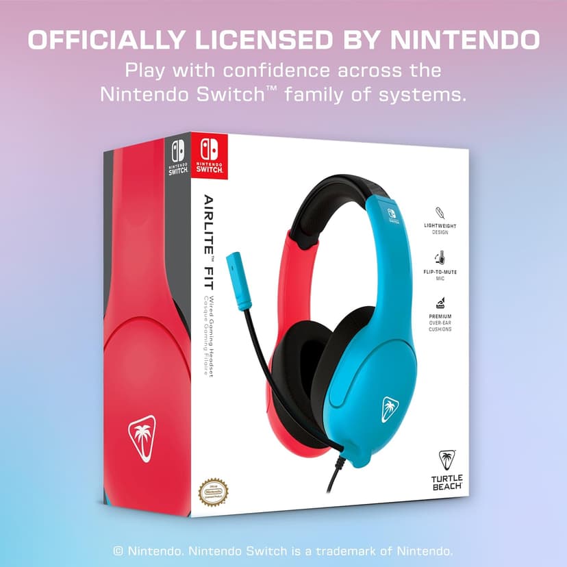 Turtle Beach Airlite Fit Wired Gaming Headset: Officially Licensed for Nintendo Switch, Nintendo Switch Lite & OLED Model - Flip-to-Mute Mic, Over-Ear Comfort Cushions, 40mm Speakers - Neon Blue & Red