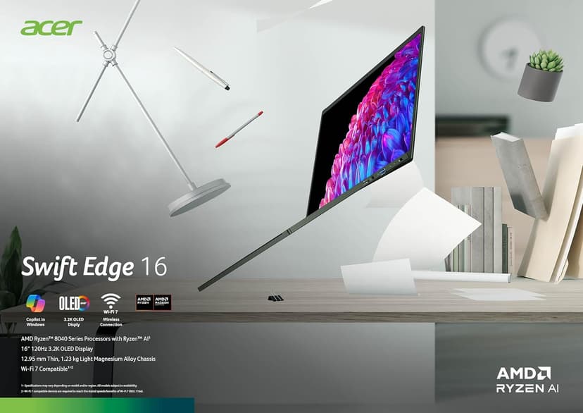 Acer Swift Edge 16 Laptop | 16" OLED WQXGA+ 3200 x 2000 Display | Unlock AI Experiences | AMD Ryzen 7 8840U Octa-Core Ryzen Processor | 16GB LPDDR5 | 1TB PCIe Gen 4 SSD | Wi-Fi 7 | SFE16-44-R8HM