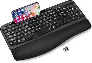 Ergonomic Wireless Keyboard with Cushioned Wrist Rest, Wave Keys, Phone Holder, Comfortable Natural Typing, 2.4GHz Full Size Silent Cordless USB Computer Keyboard for Laptop, Mac, Windows (Black)