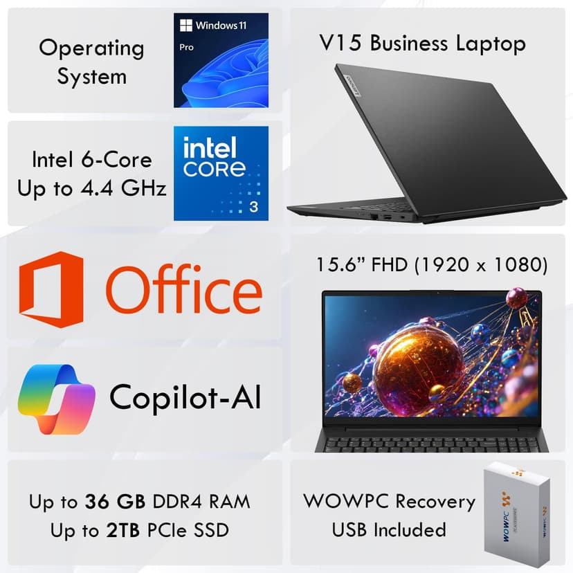 Lenovo V15 Business Laptop with Microsoft Office, Intel 6-core Processor(Up to 4.4 GHz), 15.6" FHD Display, 36GB RAM, 1TB SSD, Ethernet Port RJ-45, Wi-Fi 6, Windows 11 Pro, Copilot AI-Ready, WOWPC USB