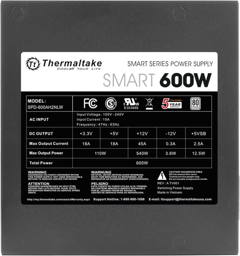 Thermaltake SMART 600W ATX 12V V2.3/EPS 12V 80 Plus Certified Active PFC Power Supply PS-SPD-0600NPCWUS-W