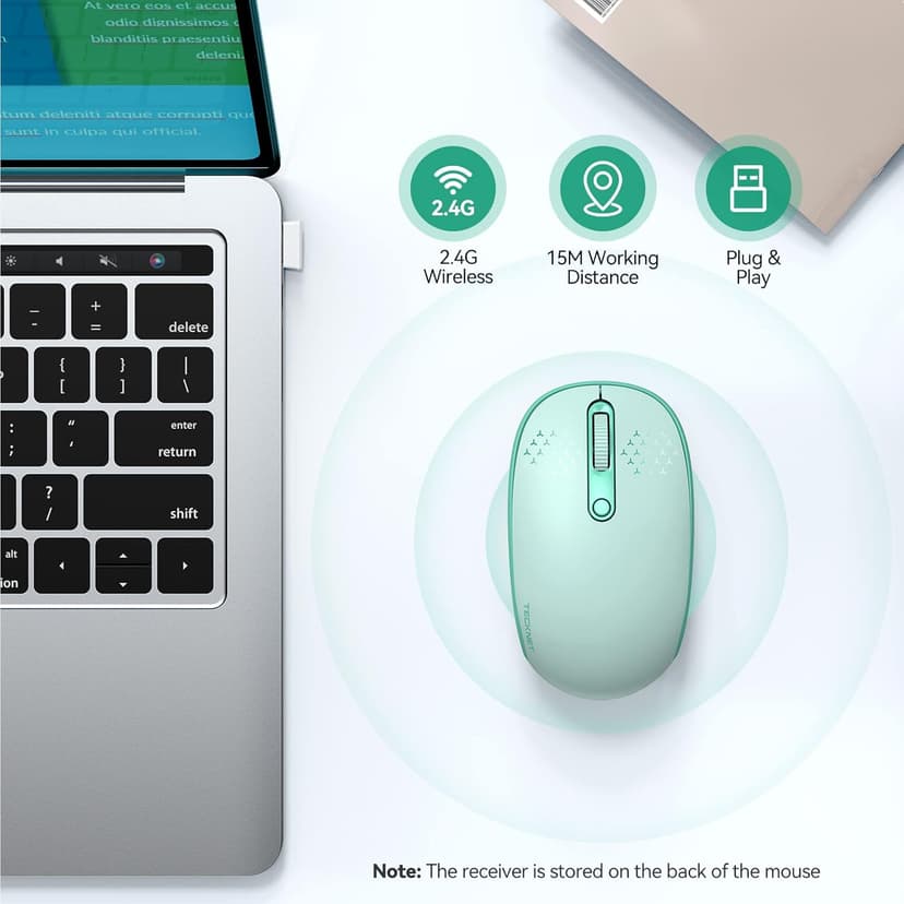 TECKNET Wireless Mouse for Laptop, 2.4G Quiet Computer Mouse with USB Receiver, 4 Buttons Portable Cordless Mice for Chromebook, Laptop, PC, Mac, 800/1200/1600 DPI - Mint Green