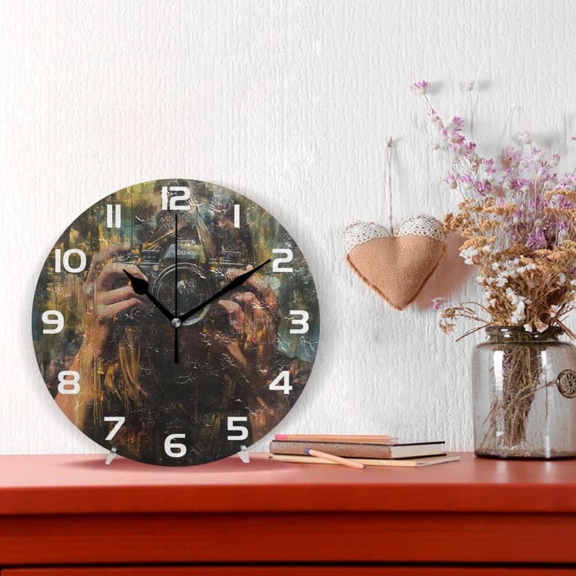 Bolaz Wall Clocks Decorative Bedroom Silent Living Room Desktop Photographer Tabletop Shelf Clocks Round Battery Operated 10 Inch Non-Ticking