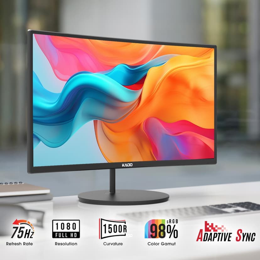 Kado Triple Monitor Setup - 3-Pack 24" 1920x1080 Curved Computer Monitor 1500R 75Hz VESA Mount HDMI Office Gaming Hybrid Sim Racing Built-in Speakers (C24 Trio Series)