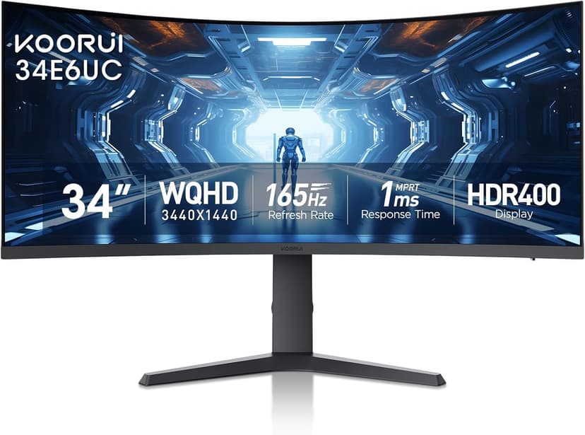 KOORUI 34-inch Curved Ultrawide WQHD 3440×1440 Gaming Monitor, 165Hz 1000R- PIP/PBP, 1ms(MPRT), HDR400, DCI-P3 95%, FreeSync Premium, 1 x DP 1.4 & 2 x HDMI 2.0, Tilt Height Swivel Adjustment, 34E6UC