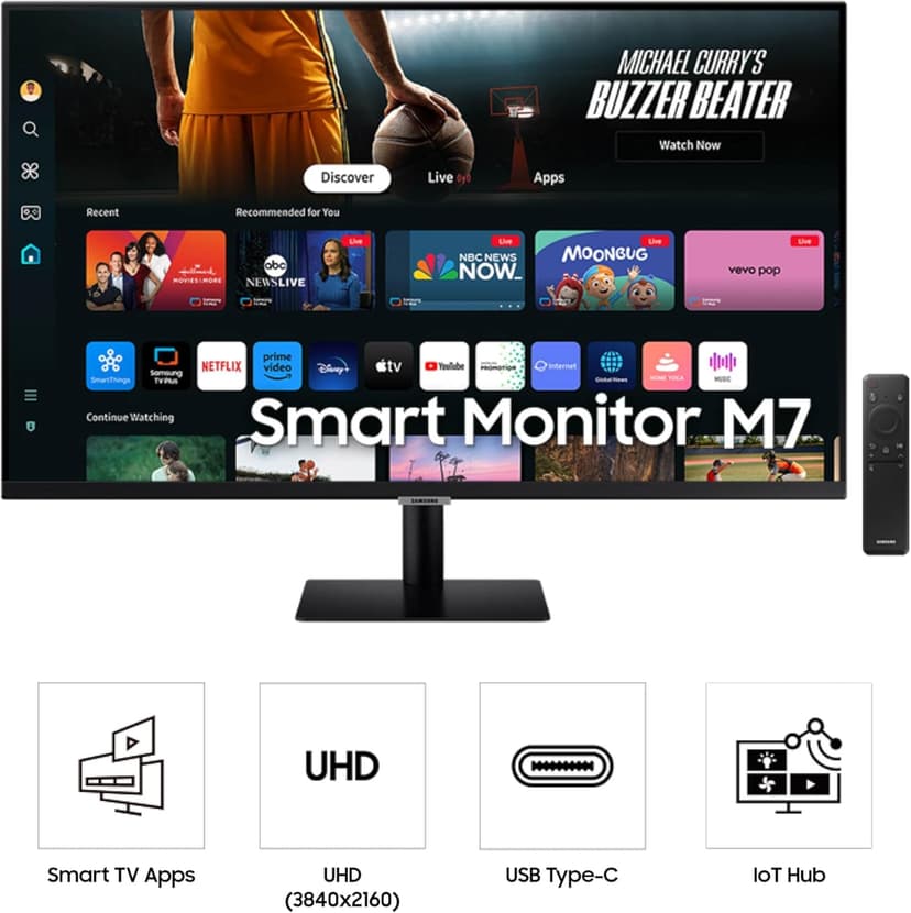 SAMSUNG 32-Inch M7 (M70D) Series 4K UHD Smart Monitor with Streaming TV, Speakers, HDR10, USB-C, Multiple Ports, Gaming Hub, SolarCell Remote, Vision Accessibility Tools, LS32DM702UNXGO, 2024, Black