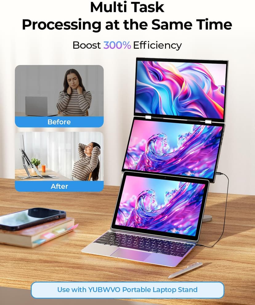 Portable Dual Monitors, 15.6” 2K Dual Screen Monitor for Laptop(Win/Linux), Built-in Protective Cover/Stand, 360°Rotation and USB-C Triple Screen Laptop Monitor Extender, Plug & Play