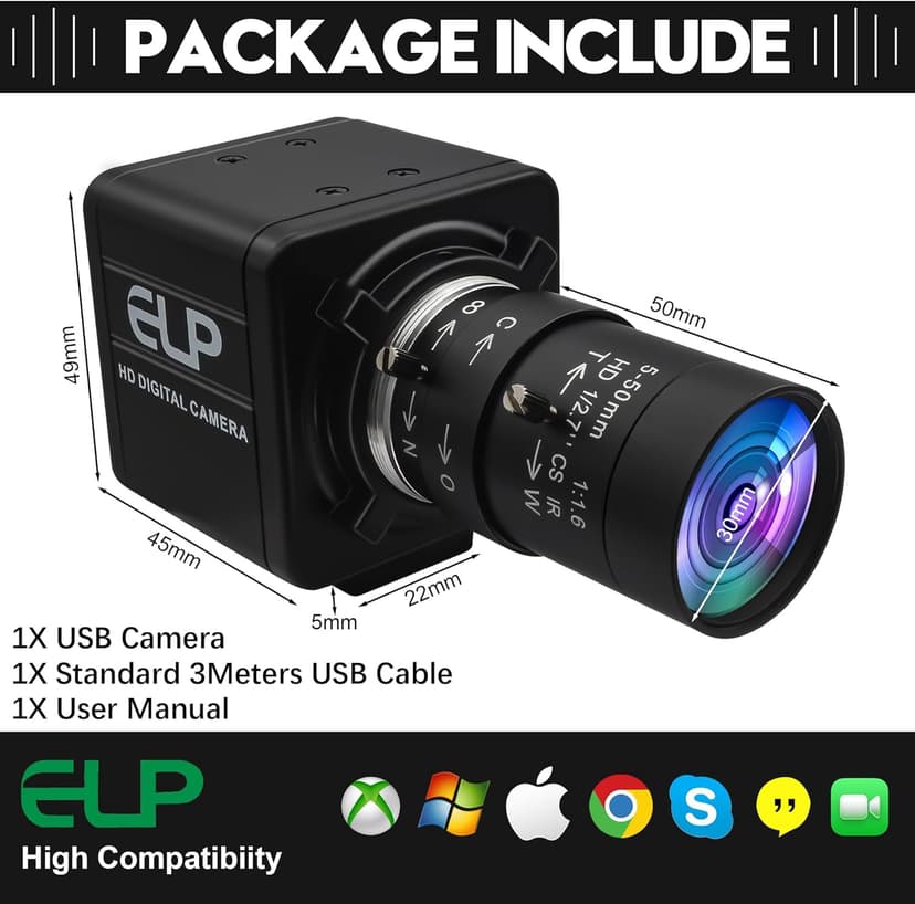 ELP Global Shutter USB Webcam - 1080P 90fps, Manual Zoom, Variable Focus, AR0234 Close-up Camera for Laptop