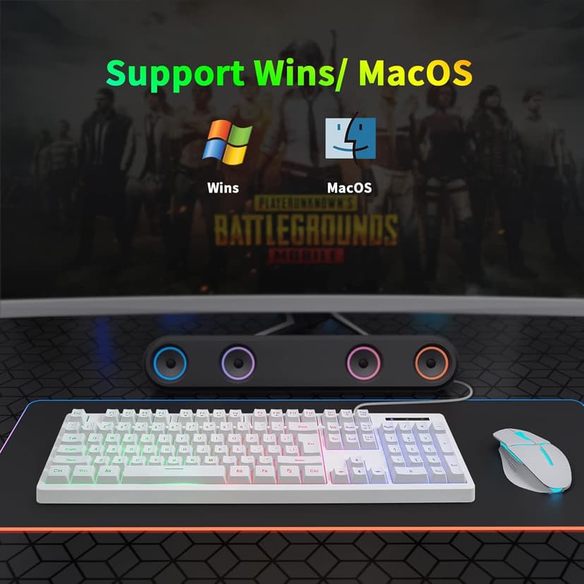 HUO JI White Gaming Keyboard USB Wired with Rainbow LED Backlit, Floating Keys, Mechanical Feeling, Spill Resistant, Ergonomic for Xbox, PS Series, Desktop, Computer, PC