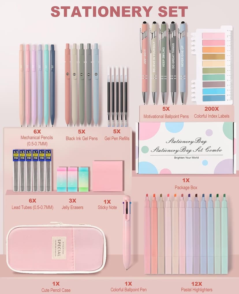 56 PCS Aesthetic School Supplies with Large Pencil Case, 5 Inspirational Ballpoint Pens, 12 Pastel Highlighters, 5 Black Ink Gel Pens, 6 Mechanical Pencils 0.5-0.7mm Student Essentials (Pink)