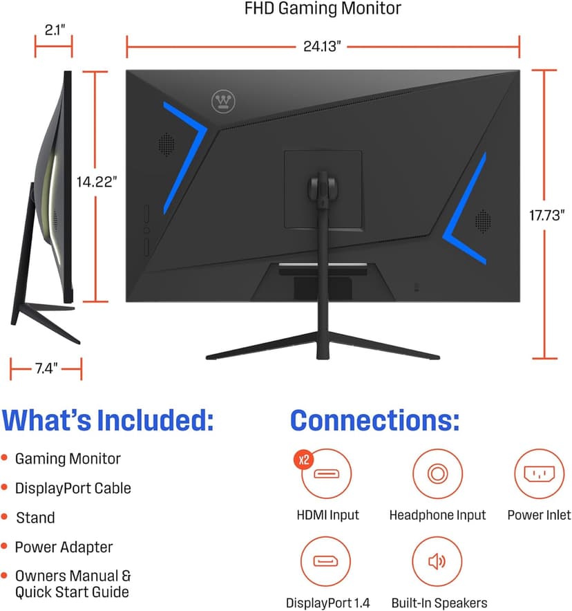 Westinghouse 27 Inch Flat Gaming Monitor, 180Hz, 1ms, AMD FreeSync Support, Low Motion Blur, 1080p Full HD IPS Display, for Office, PC & Console Games with Built in Speakers, 1x DisplayPort, 2X HDMI