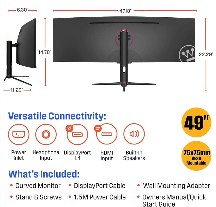 Westinghouse 49 Inch Curved Ultrawide Gaming Monitor, 144Hz, AMD FreeSync Support, Low Motion Blur, R1800 Curve, 3840x1080, for PC Games with Built in Speakers, 2X DisplayPort, 2X HDMI