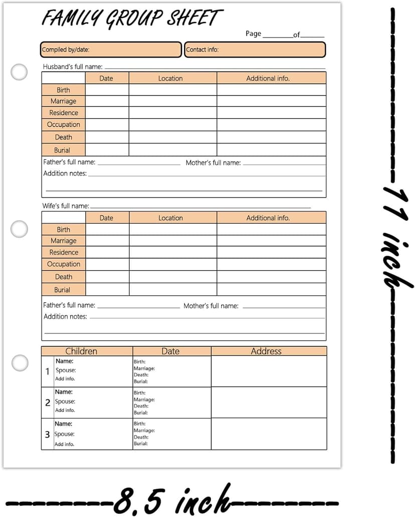 3 Hole 12th Generation Family Group Sheets,Two Sided Blank Genealogy Forms Genealogy Worksheets Archival Supplies for Research Ancestry Family Member History,8.5×11 Inches,50 Pcs
