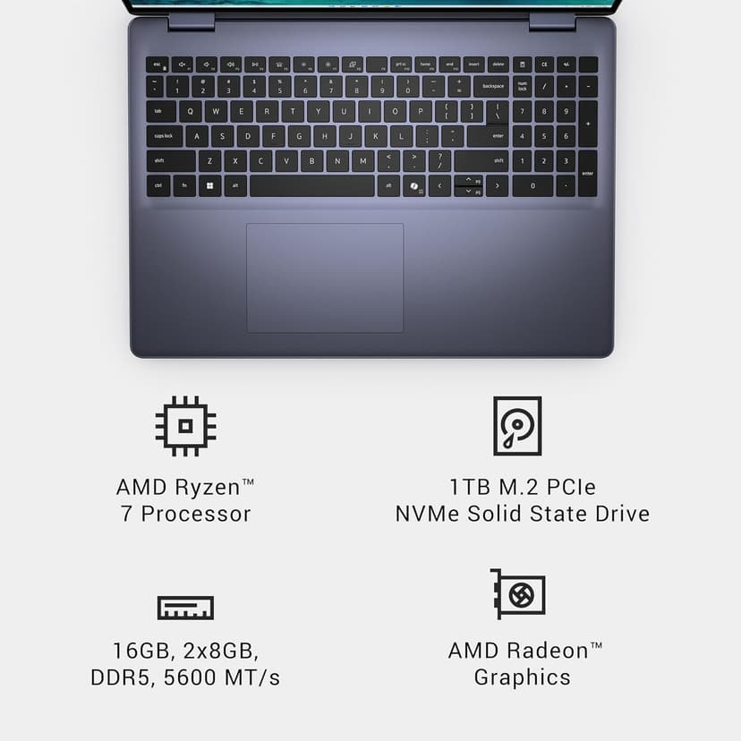 Dell Inspiron 16 5645 Laptop - 16.0 16:10 FHD+ (1920 x 1200) Display, AMD Ryzen 7-8840U, 16GB DDR5 RAM, 1TB SSD, AMD Radeon Graphics, Windows 11 Home, Onsite & Migrate Services - Midnight Blue