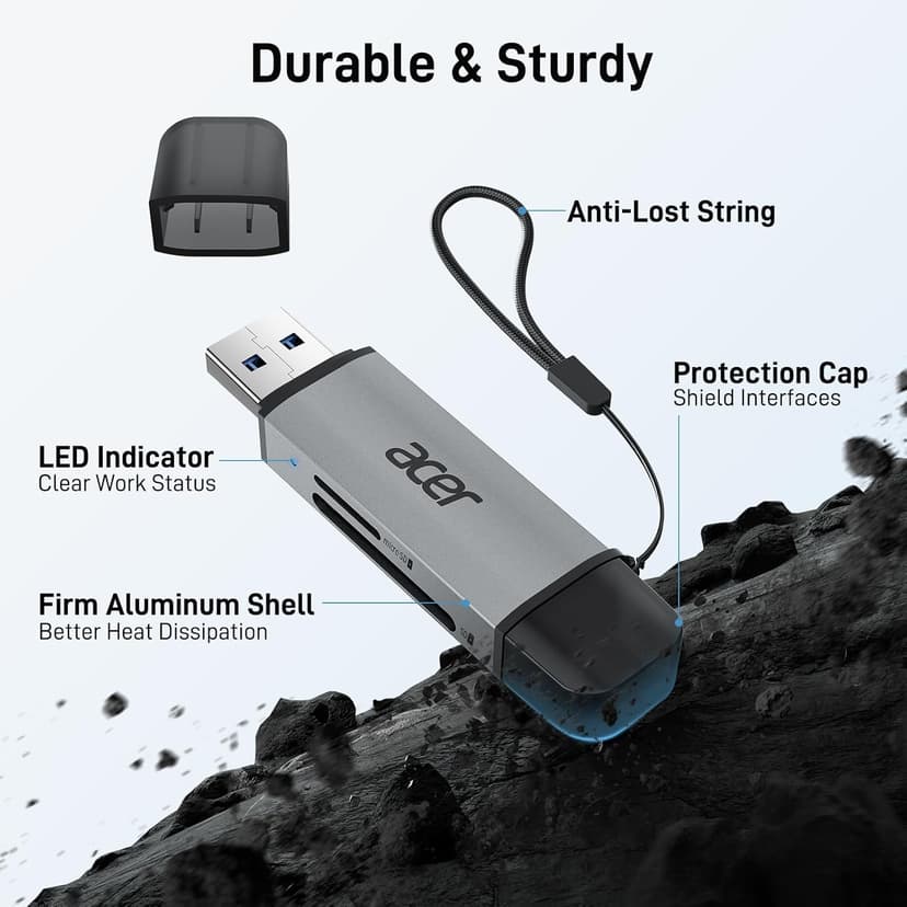 acer SD Card Reader USB C, Dual Slots USB 3.0 Type C to Micro SD Card Adapter, Memory Card Reader for MicroSD, SDHC, SDXC, Compatible with Laptop, PC, iPhone16/15, MacBook Pro/Air, iPad Pro, Android
