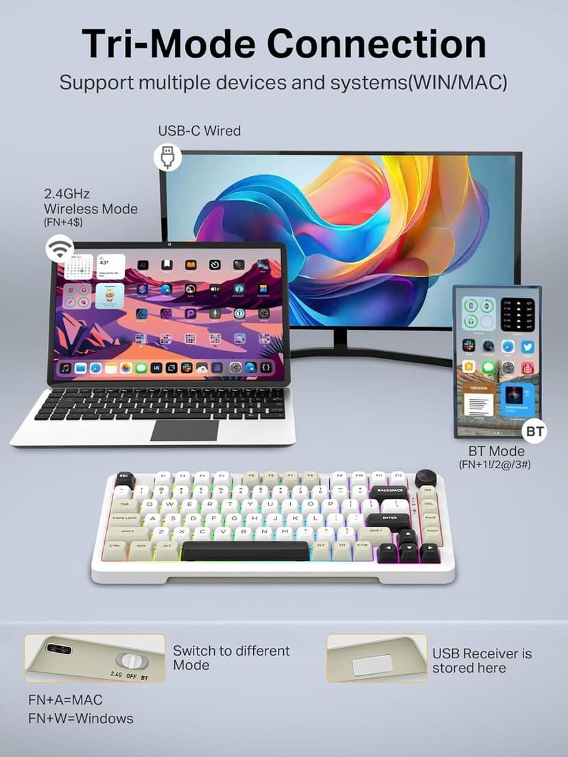E-YOOSO Z82 Wireless Mechanical Keyboard, 3-Modes 81 Keys Compact, 75% Gasket Hot Swappable RGB Gaming Keyboard with Dedicated Knob Control and Sound Absorbing Pads, PBT Keycaps