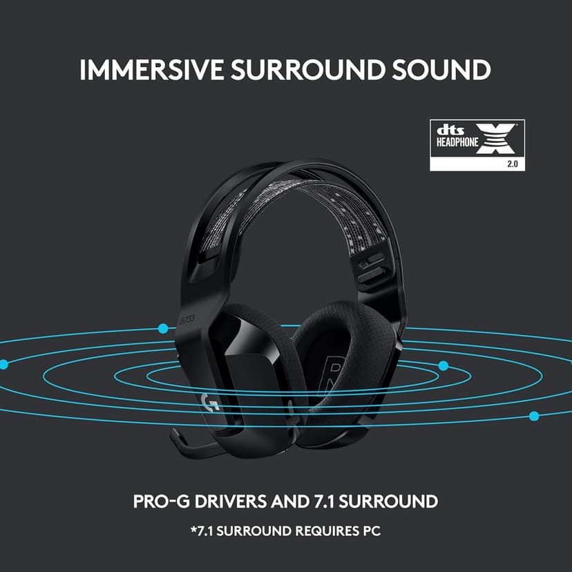 Logitech G733 Lightspeed Wireless Gaming Headset, Suspension Headband, Lightsync RGB, Blue VO!CE Mic, PRO-G Audio – Black, Gaming Headset Wireless, PC, PS5, PS4, Switch Compatible