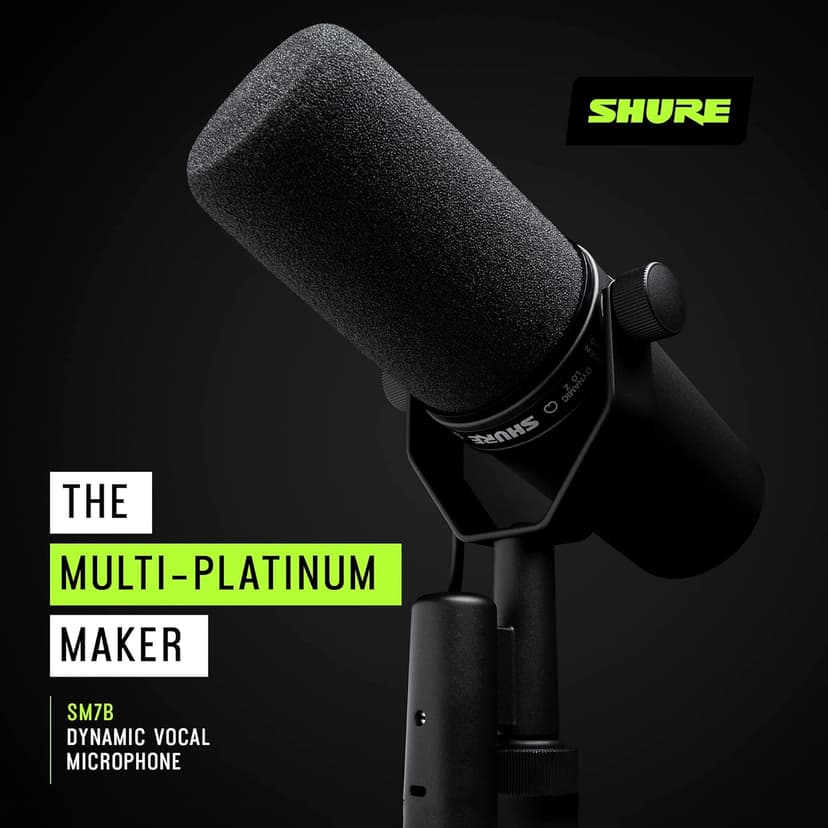 Shure SM7B Microphone - Vocal Dynamic Studio Mic for Broadcast, Podcast, Recording, Gaming & Streaming, XLR, Rugged Construction, Detachable Windscreen, Smooth Sound, Warm Vocals, Wide-Range Frequency