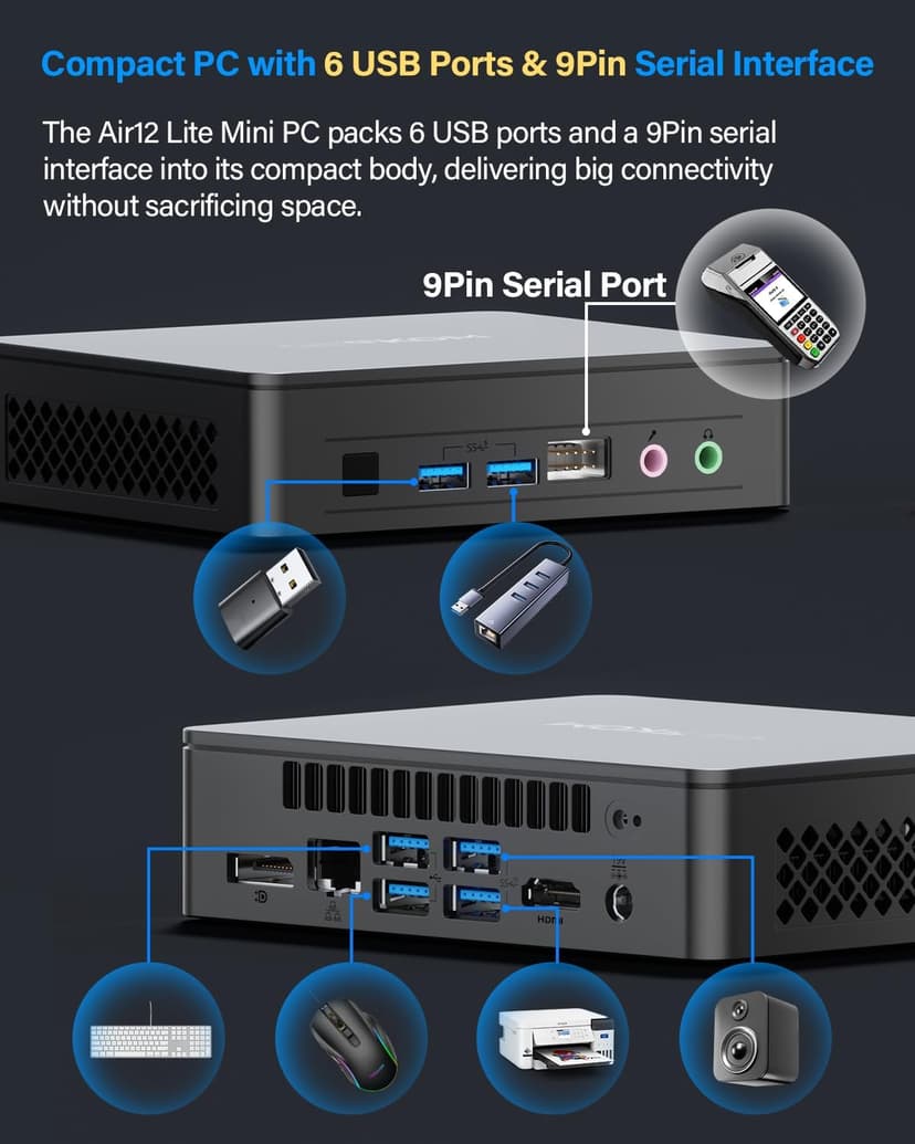 GEEKOM Air12 Lite Mini PC (3-Year Warranty), Intel 12th Gen Twin Lake N150 (Better Than N100), 16GB RAM 512GB SSD, 4K Dual Display, 6 USB Ports + 9PIN Serial, Mini Desktop Computer for Home&Office
