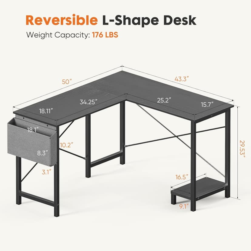 Sweetcrispy L Shaped Desk - Computer Desk Corner Desks Gaming Desk PC Table with CPU Stand Side Bag for Home Office Dorm Sturdy Writing Workstation, Black, 50-Inch