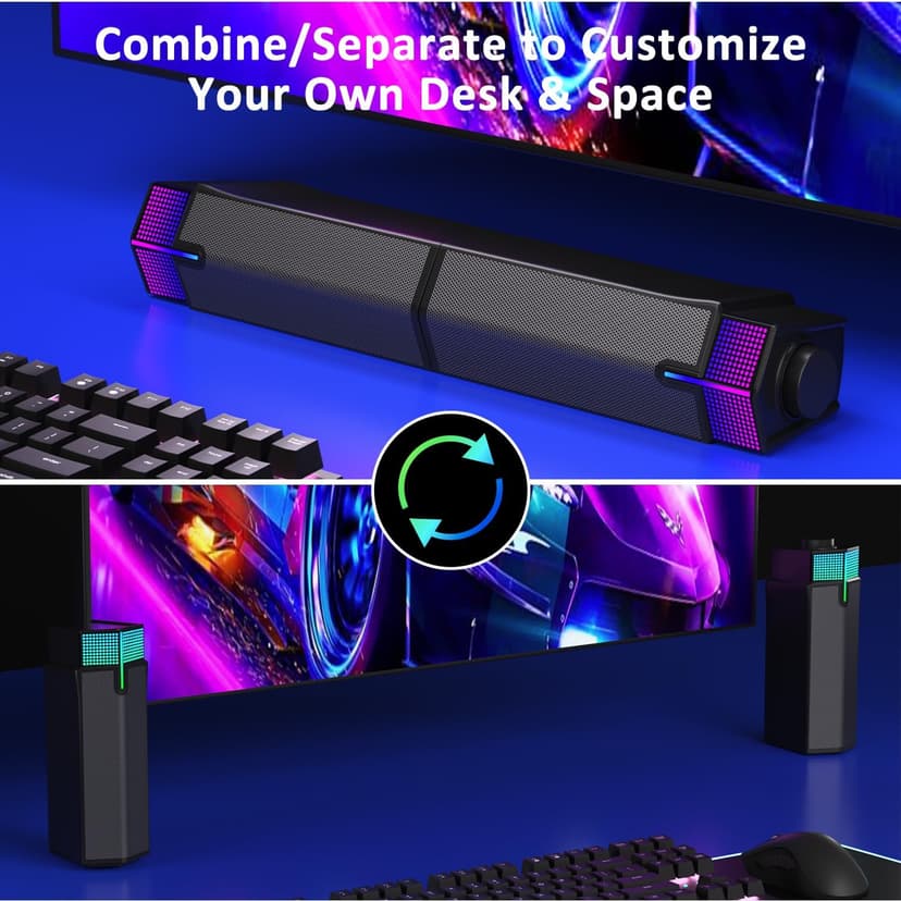 Jeecoo M20 Bluetooth Computer Speakers for PC Desktop Monitor, Gaming PC Sound Bar - Wired USB-Powered, Superb Stereo Sound, with LED Lighting - Combine/Separate to Customize Your Desk
